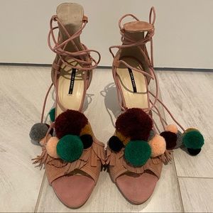 ZARA Lace-up Suede Pom-Pom Sandals